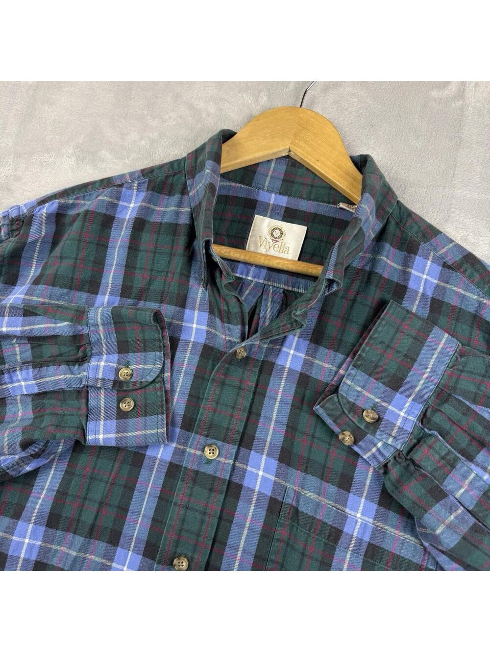 Vintage Viyella Plaid Button Down Shirt Green Blue Wool Blend Men XL Flannel 90s